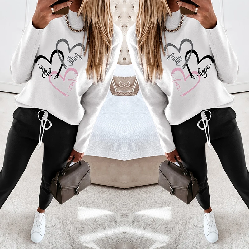 

2021 Spring O Neck Heart Letter Print Pullover Top Drawstring Waist Sportswear Pants Set Casual Sweatshirts Two Pieces Tracksuit