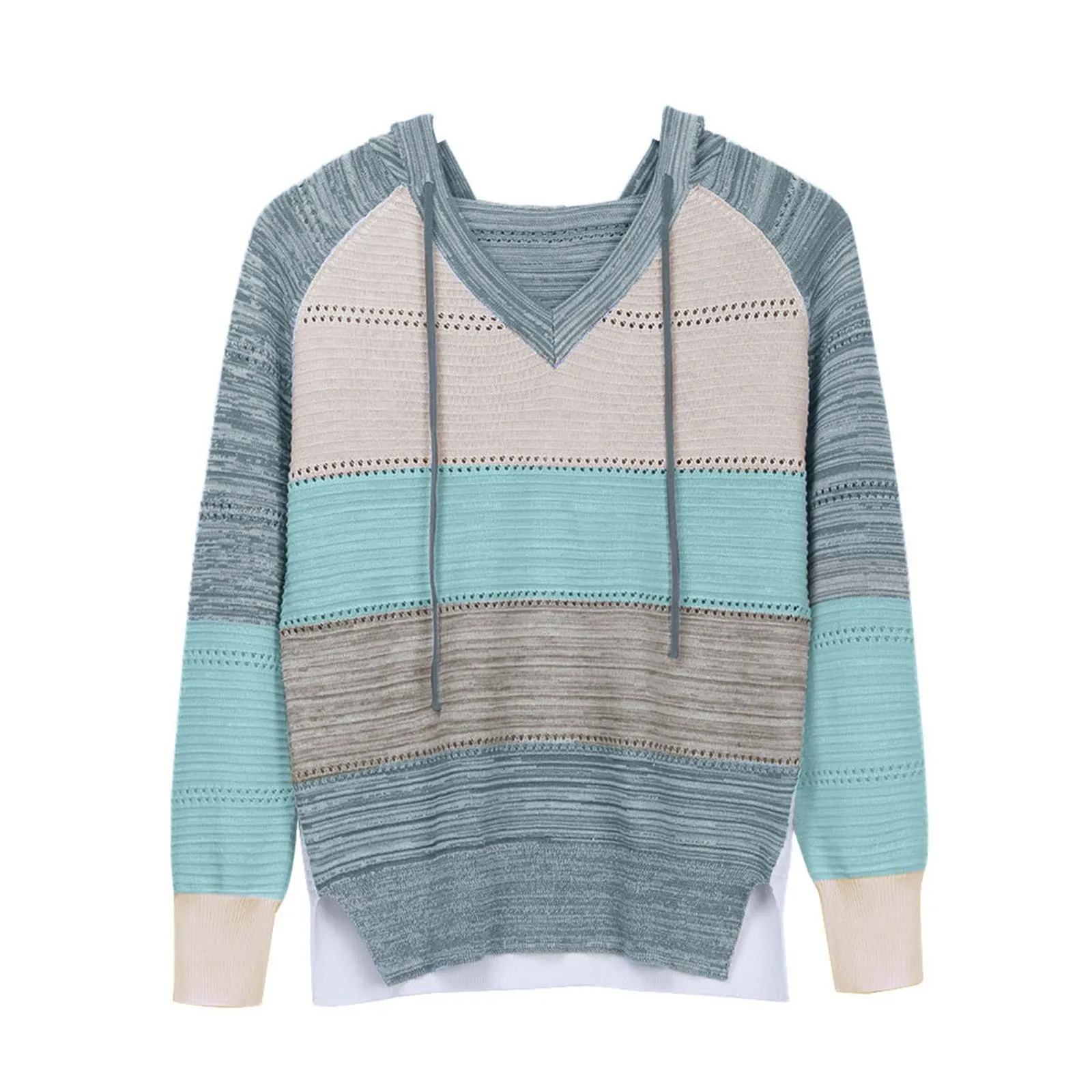 

Женский трикотажный свитер в полоску, Повседневный пуловер с капюшоном и V-образным вырезом, с длинным рукавом, в стиле пэчворк, зима 2022