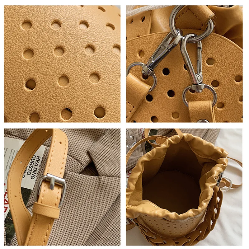 

Women Bag Lady Handbags Hollow Out Drawstring 2021 Summer Bucket Bags For Women Yellow Vintage Luxury Designer Shoulder Bags
