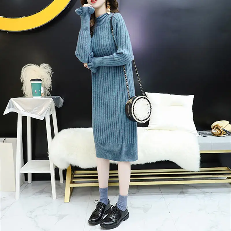 

Spring Autumn Acrylic Women's Dress Turtleneck Long Sleeve Pullover Solid Loose Thick Korean Style Fashion Casual Dress