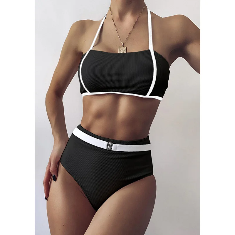 

High Waist Bikinis Bandeau Swimwear Women's Swimsuits Halter Biquini Ribbed Push Up Bathing Suits 2021 Belted Beachwear