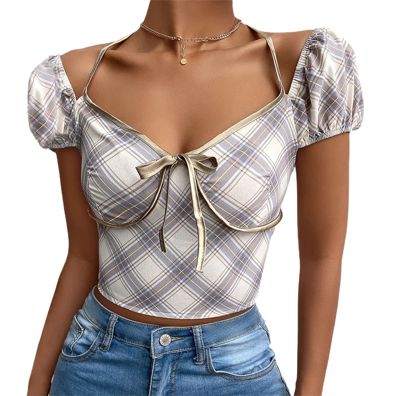 

Female Crop Tops Off Shoulder Shirt Ladies Casual Pullover Flower/ Plaid Print Boat Neck Short Sleeve Blouse For Shopping Dating