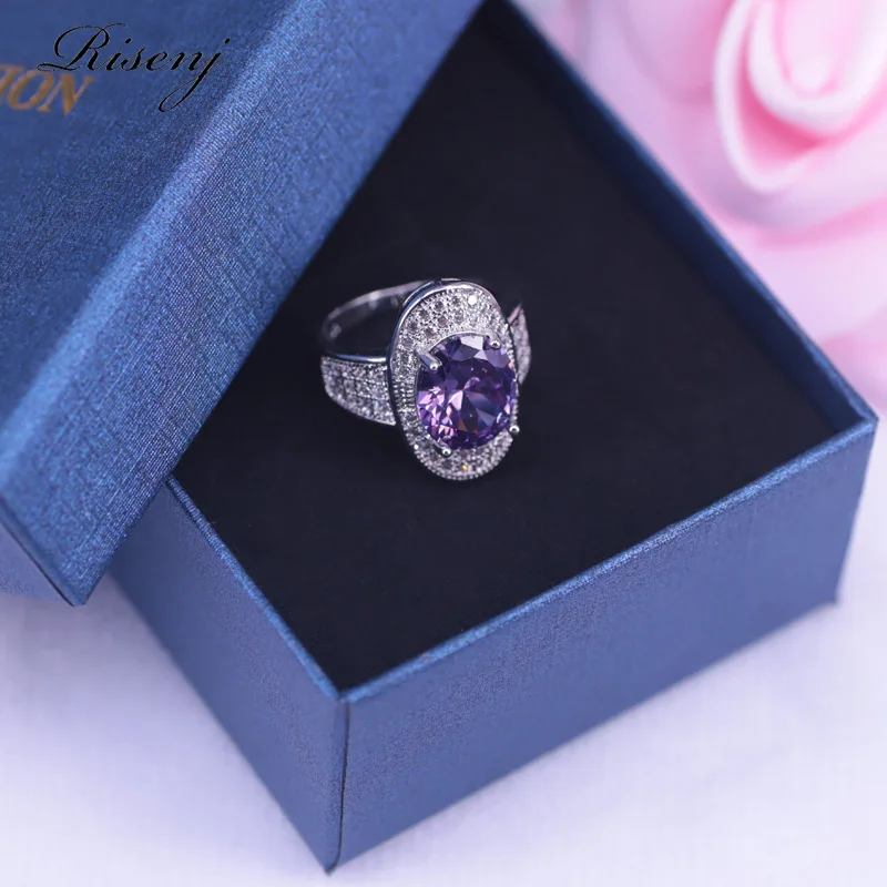 Ожерелье и серьги кольцо серебро 925 пробы Овальный Фиолетовый Циркон аметист
