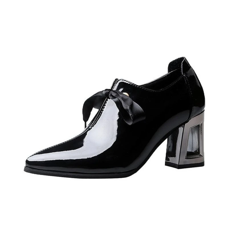 

Women's shoes casual lace-up deep-mouth small leather shoes patent leather British style square heel pointed rubber high heels