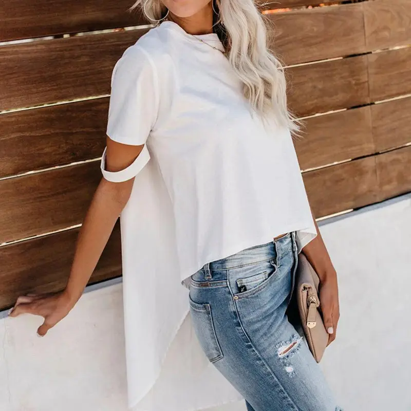 

Women Office Tops Shirts Asymmetrical Tunic Short Sleeve Blusas Spring O-Neck Women Long Blouse Chiffon Summer Outwear G2418