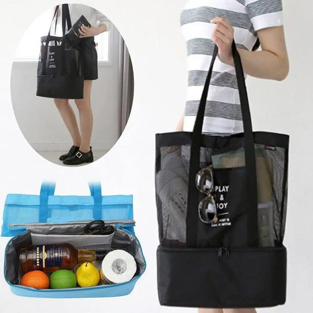 

Mesh Beach Bag Portable Double Layer Travel Bag Picnic Beach Single Tote Toy Bag Cooler Bag Grid Shoulder Bag Sports B0B0