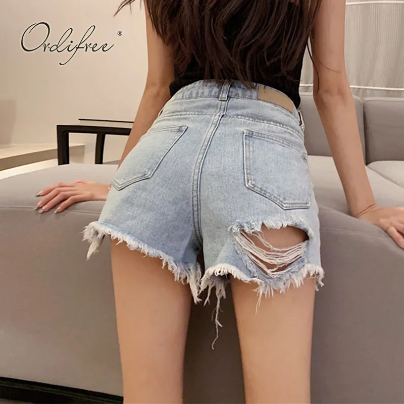 

Ordifree 2022 Summer Women Denim Shorts High Waist Casual Trousers Sexy Blue Ripped Jeans Shorts