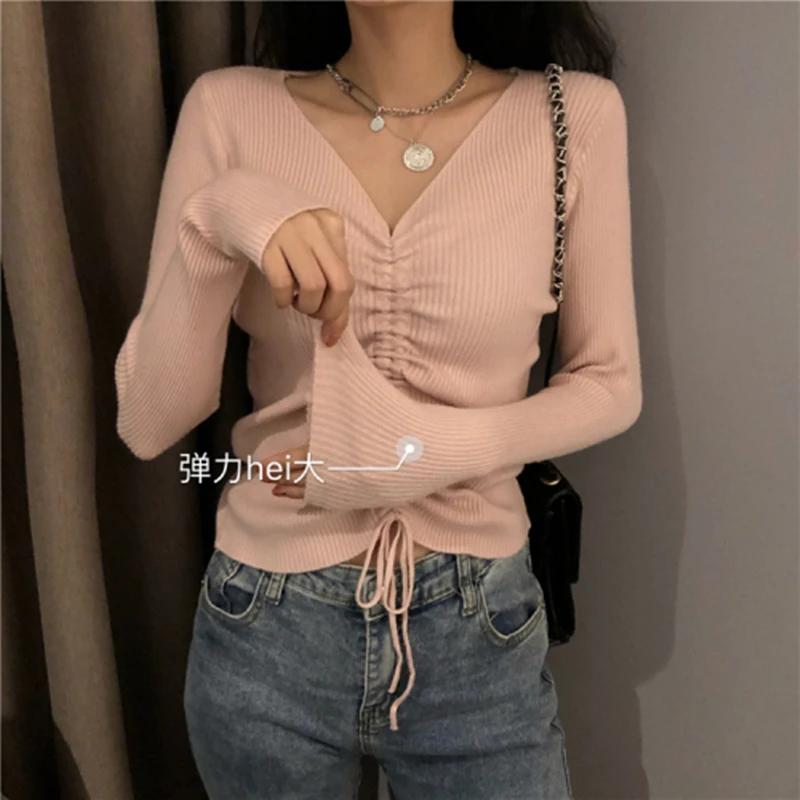 

WAVSIYIER lace up sweater women casual korean v neck slim long sleeve knitted chic fashion jumper sping autumn pullover 2020 wom