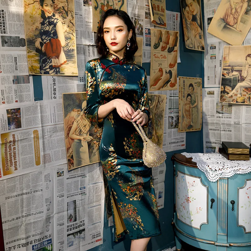 Sheng Coco L 5XL женские осенние бархатные Cheongsam Qipao принт павлинье перо китайское