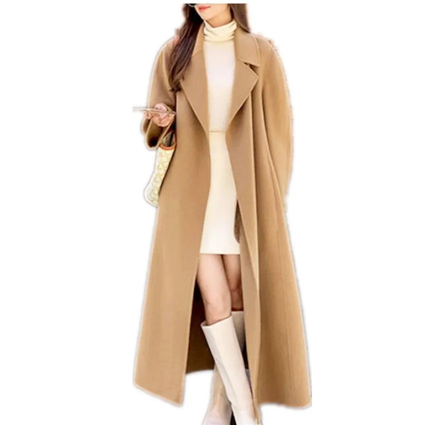 X-long autumn winter woolen overcoat women belted temperament wool blends outwear