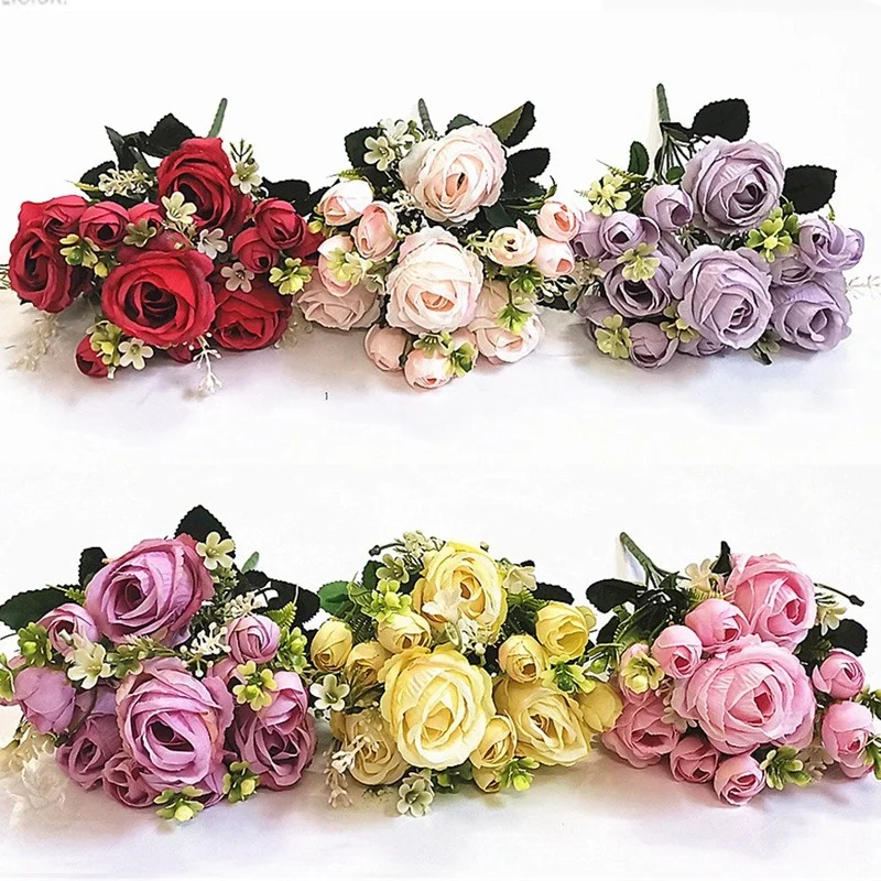 

Rose Pink Silk Bouquet Peony Artificial Flowers 5 Big Heads 4 Small Bud Bride Wedding Home Decoration Fake Flowers Faux
