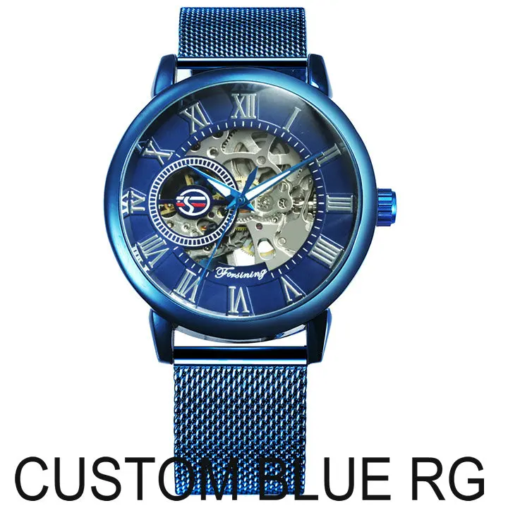 CUSTOM BLUE RG FORSINING, синие мужские часы, Топ бренд, роскошные механические часы со скелетом, мужские Ультра тонкие сетчатые часы с ремешком, модные повседневные наручные часы - Цвет: CUSTOM BLUE RG