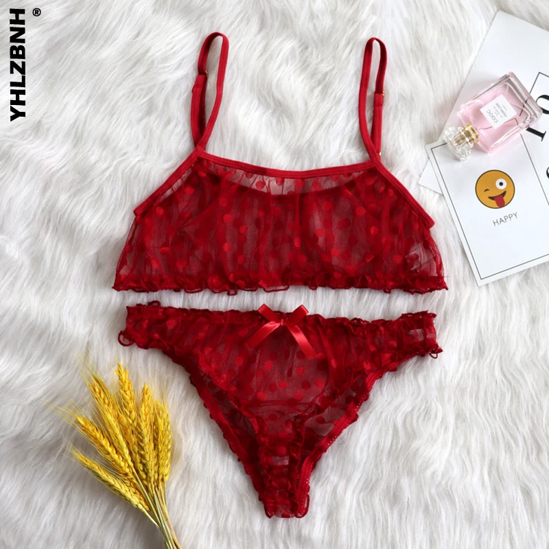 

YHLZBNH Sexy Lingerie Erotic Underwear Polka Dot Mesh Frill Trim Lace lingerie Set Top Lace Invisible Bra & Brief Set For Women