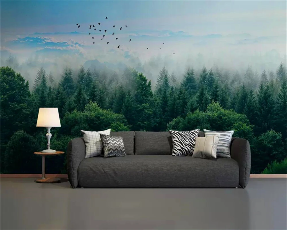 Custom wallpaper mural simple and stylish Nordic minimalist misty forest distant mountain birds background wall | Обустройство дома