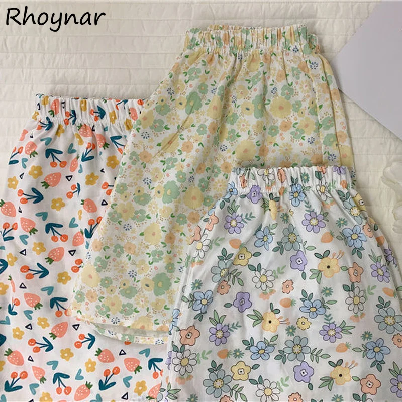 

Shorts Women Flower-print All-match Summer Cool Loose Elastic Waist Wide Leg Lovely Bottom Casual Homewear Side-slit Clothing
