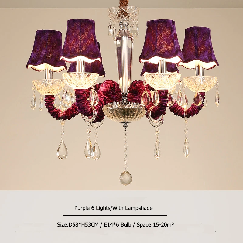 Purple 6arm With Hat Современная хрустальная люстра, украшение дома, E14, лампа, люстры для кухни, столовой, спальни, люстра, светильник с абажуром - Цвет абажура: Purple 6arm With Hat