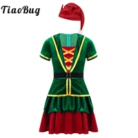 kids girls christmas elf costume green velvet santas claus cosplay dress with hat set carnival party drress up outfit gift