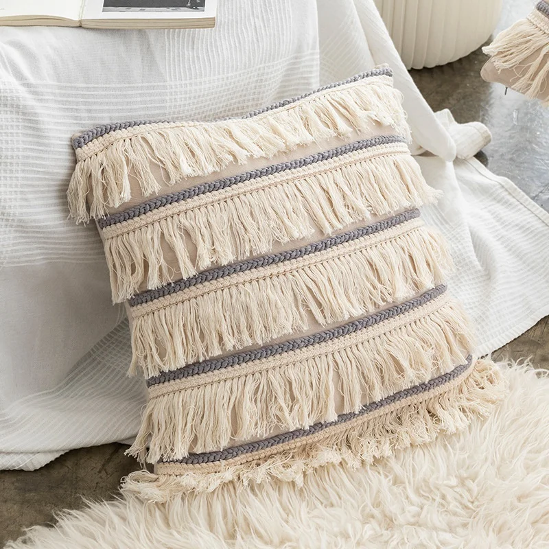 

Pillow Case Cushion Cover Fronha Cotton Linen Back Support Pillowcases Decorative Macrame Tassel Home Office Pillows Covers