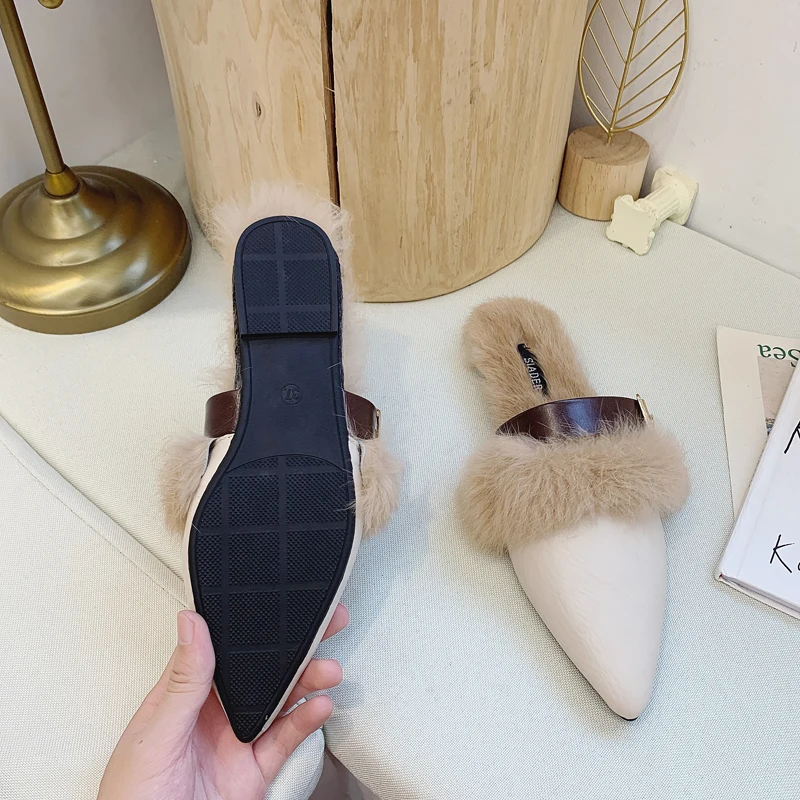 BeautyFeet/; женские летние меховые тапочки; женские плюшевые прозрачные сандалии из искусственного меха с квадратным носком; повседневные уличные шлепанцы на плоской подошве