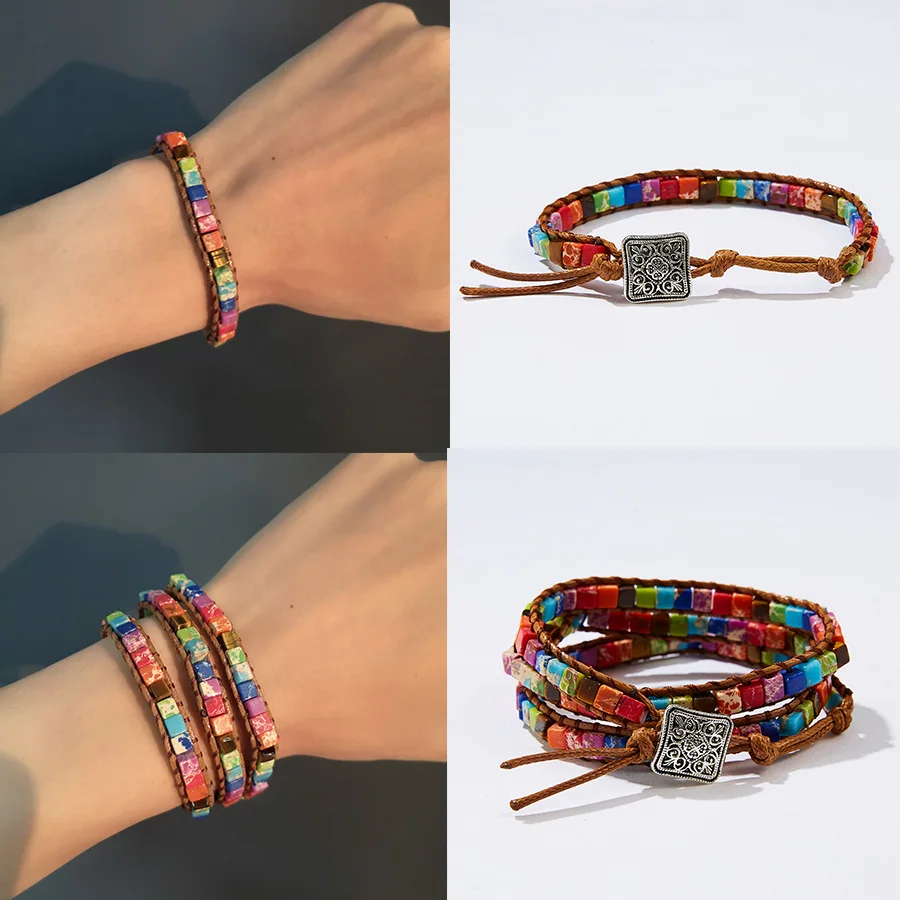 Браслет регулируемый ручной работы 1/3 слоя квадратные семь чакр каменная веревка