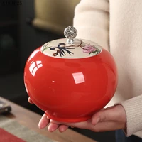 creative red ceramic tea pot large candy dried fruit sealed kitchen coffee bean tea storage box food container home decoration