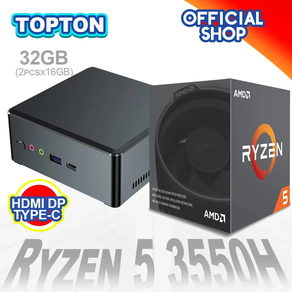 TOPTON мини ПК AMD Ryzen R7 2700U R5 3550H Vega Graphic 2 * DDR4 M.2 NVMe игровой компьютер Windows 10 4K HTPC HDMI2.0 DP AC