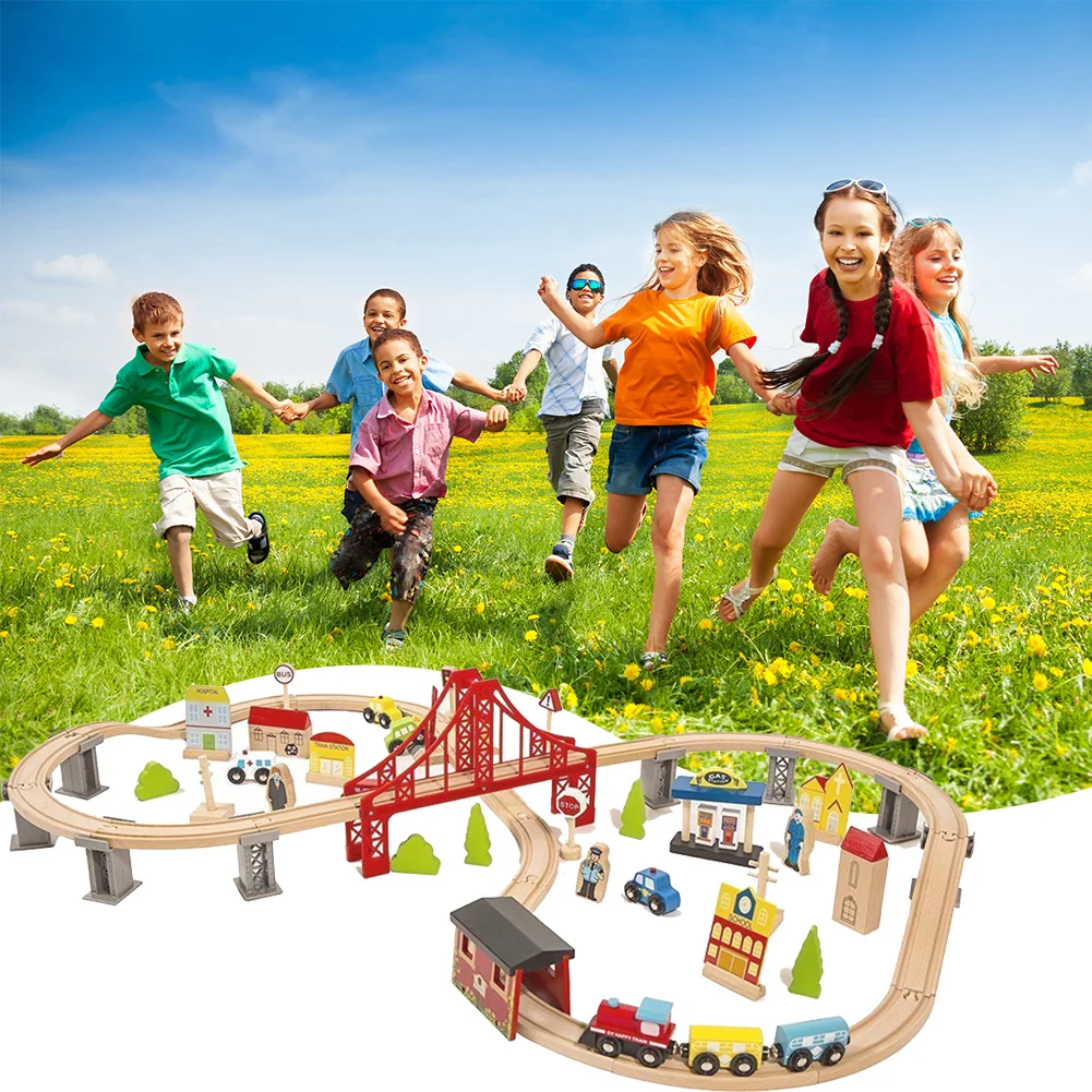 

Wooden Track Train Set Car Wash Room Wooden Railway Car Educational Puzzle Toys Compatible Brand Wooden Track Toys for Boy Gifts