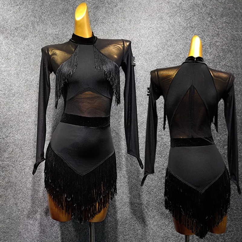 Женское платье для латиноамериканских танцев черное с бахромой соревнований