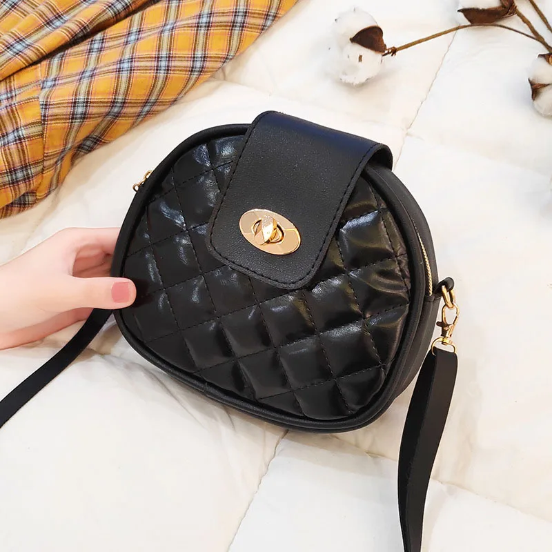 

Women Lingge Embroidery Thread Bag Zipper PU Round Single Shoulder Messenger Bags EIG88