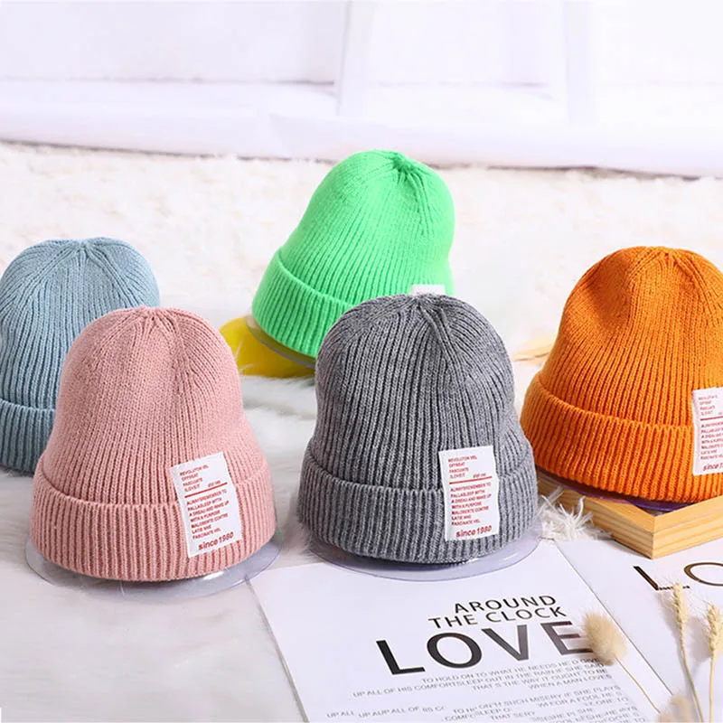 Warm Kids Winter Hats for Children Knitted Cap Solid Color Soft Crochet Boys Girls Beanie Hat