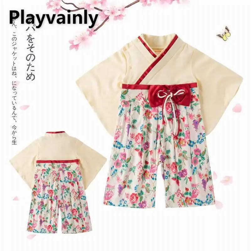 

Baby Girl Romper 2021 New Apricot Floral Bow kimono Long Sleeve Cotton Romper Toddler Clothing E12515