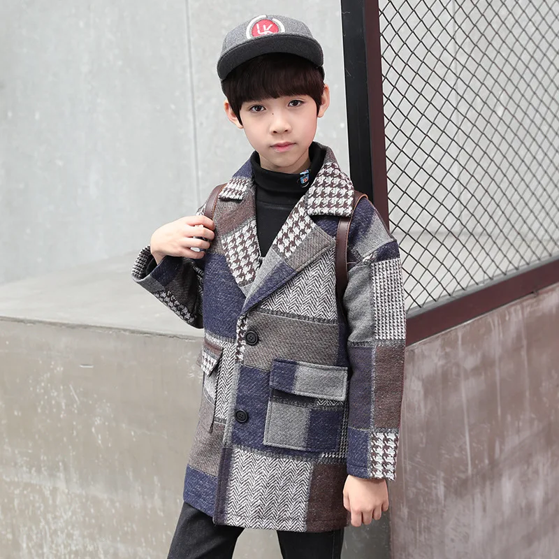 Зимние куртки однотонный шерстяной двубортный плащ для маленьких мальчиков