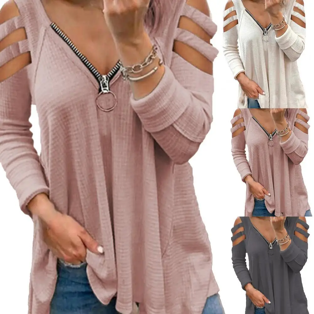 

Sexy V Neck Long Sleeve T-Shirt Long Sleeve Loose Cotton Blend Women Hollow Out Cold Shoulder T-shirt Top for Spring