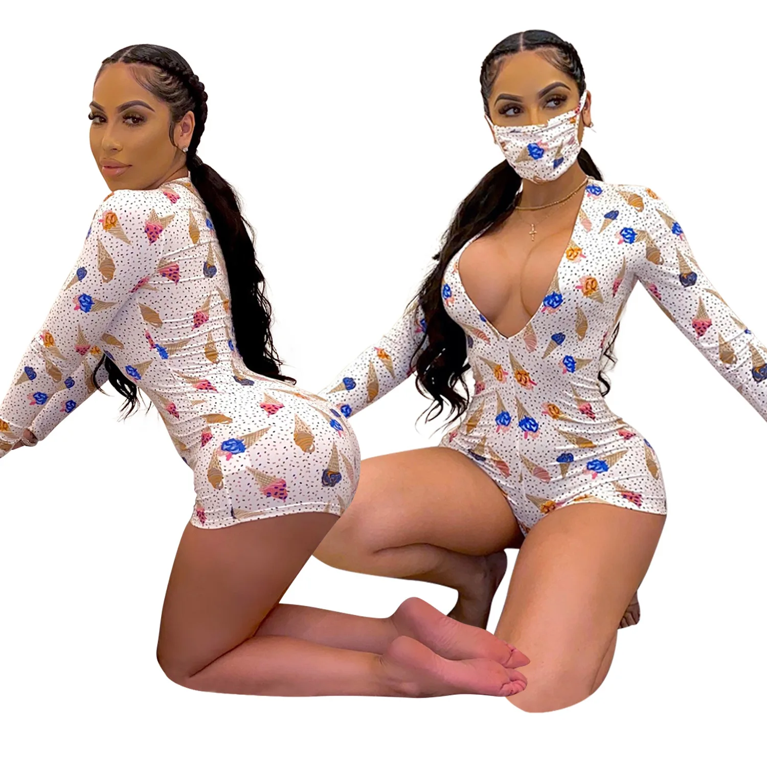 

Solid Color Snack Shorts Deep V-Neck Outfits with a Mask Summer Women Jumpsuit Sexy Style European & American Rompers