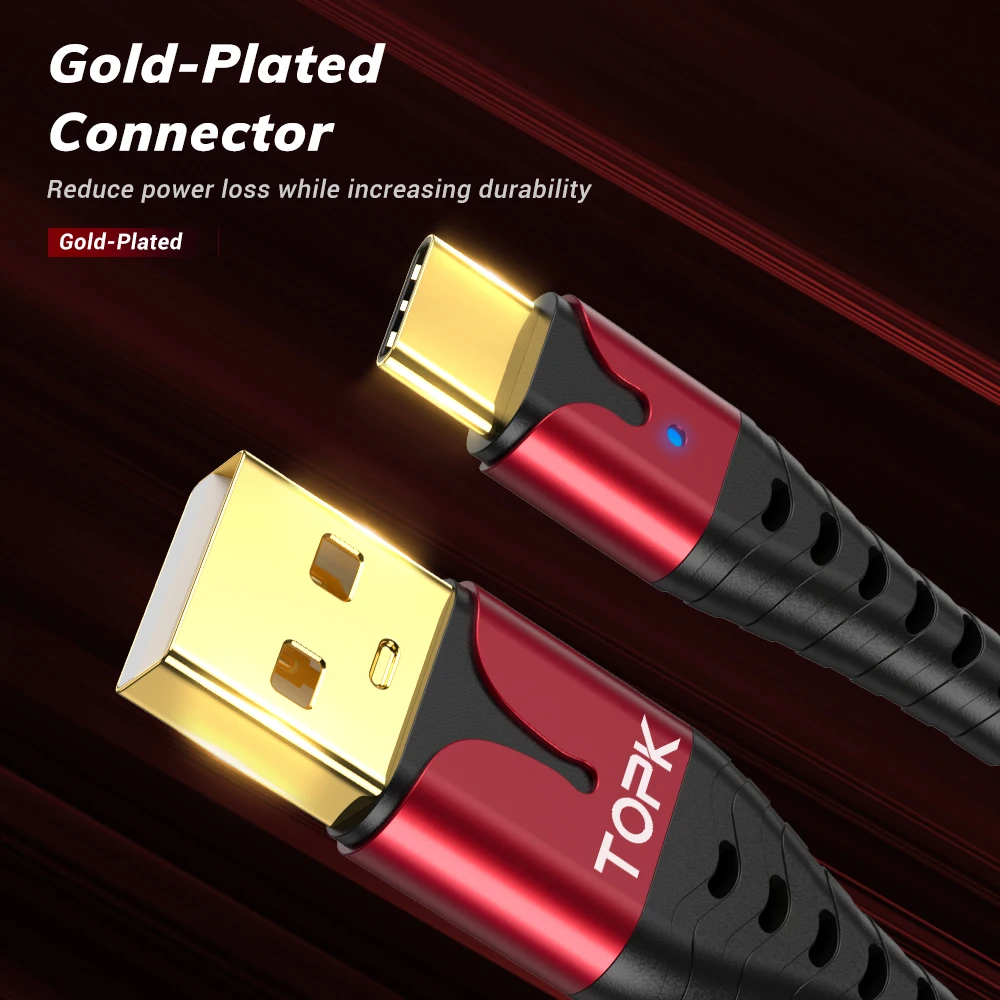 Кабель USB Type C TOPK со светодиодной подсветкой для быстрой зарядки и передачи