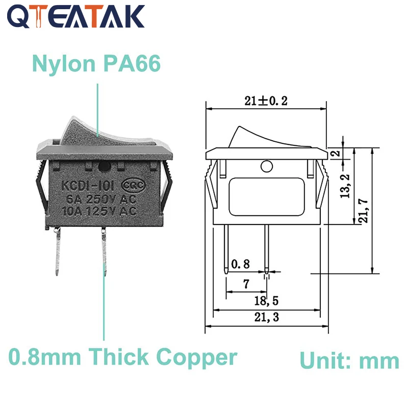 

5Pcs KCD1-101 ON/OFF Car Boat Rocker Switch 2 Pin Position Snap 6A/250VAC 10A/125VAC Black Switch Tool Mini Push Button Switch