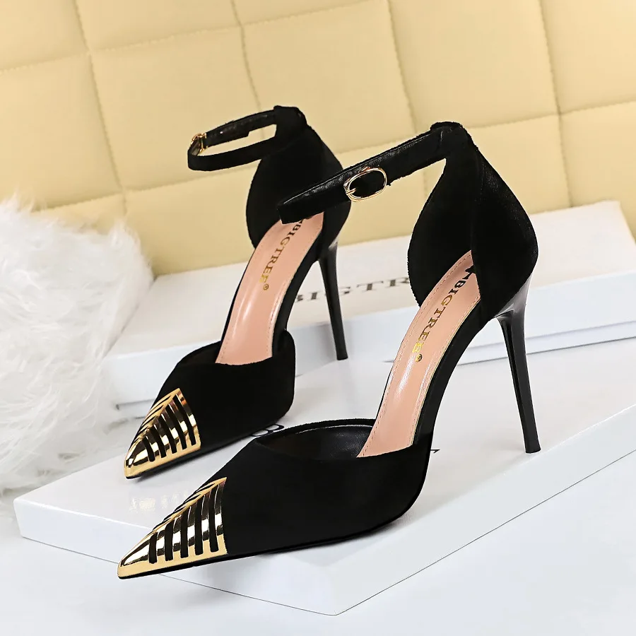 

Sexy Nightclub Fine Heel High-heeled Suede Shallow Mouth Hollow Metal Tip Word with Sandals G286-1