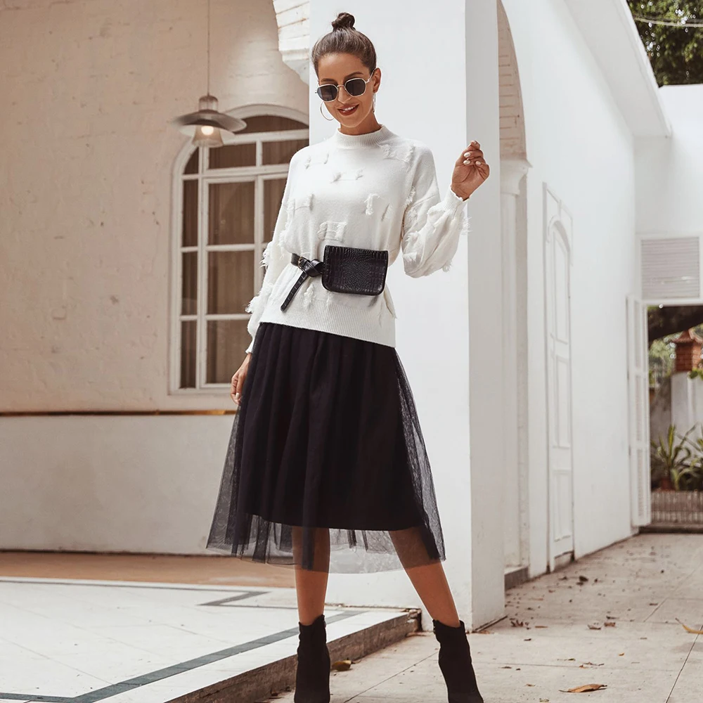 

European American Fashion Women's Autumn Winter Hot Selling Knitted Slim Lantern Sleeves Decorated Raw Edges Sweater