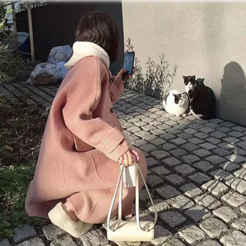 Женское элегантное длинное зимнее пальто розовое милое шерстяное в Корейском