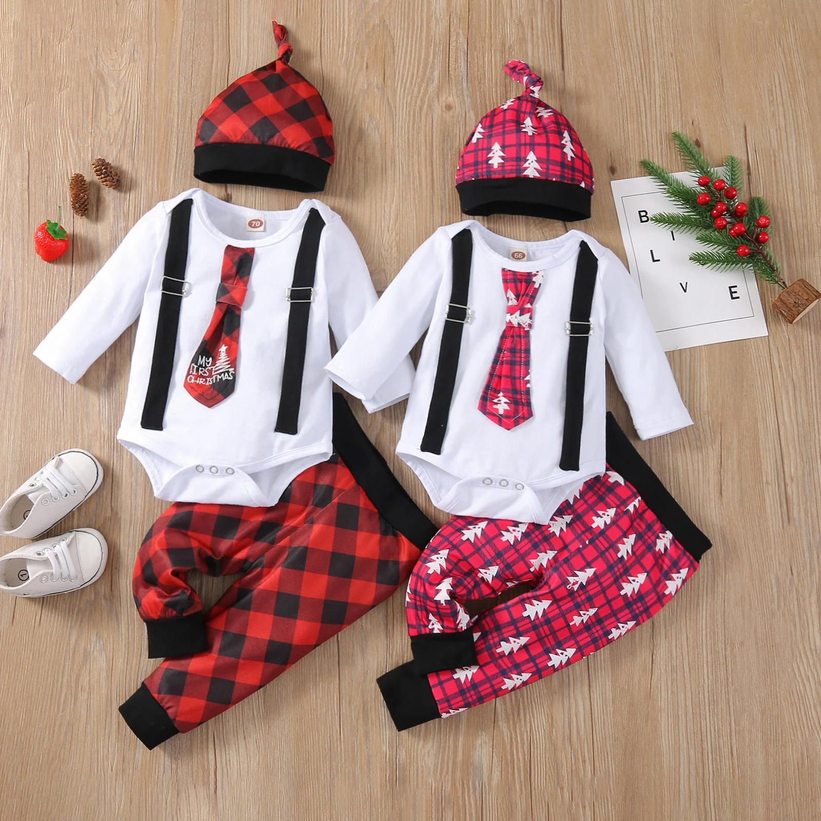 

3Pcs Christmas Baby Newborn Boys Outfit, Tie Decoration Long Sleeve Round Collar Romper + Plaid Long Pants + Cap Clothes Sets