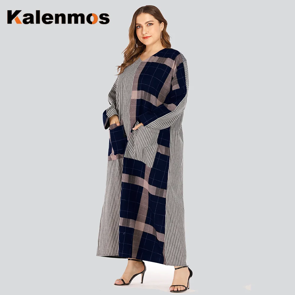 Женское свободное мусульманское платье в клетку с длинным рукавом и v образным вырезом турецкие исламские