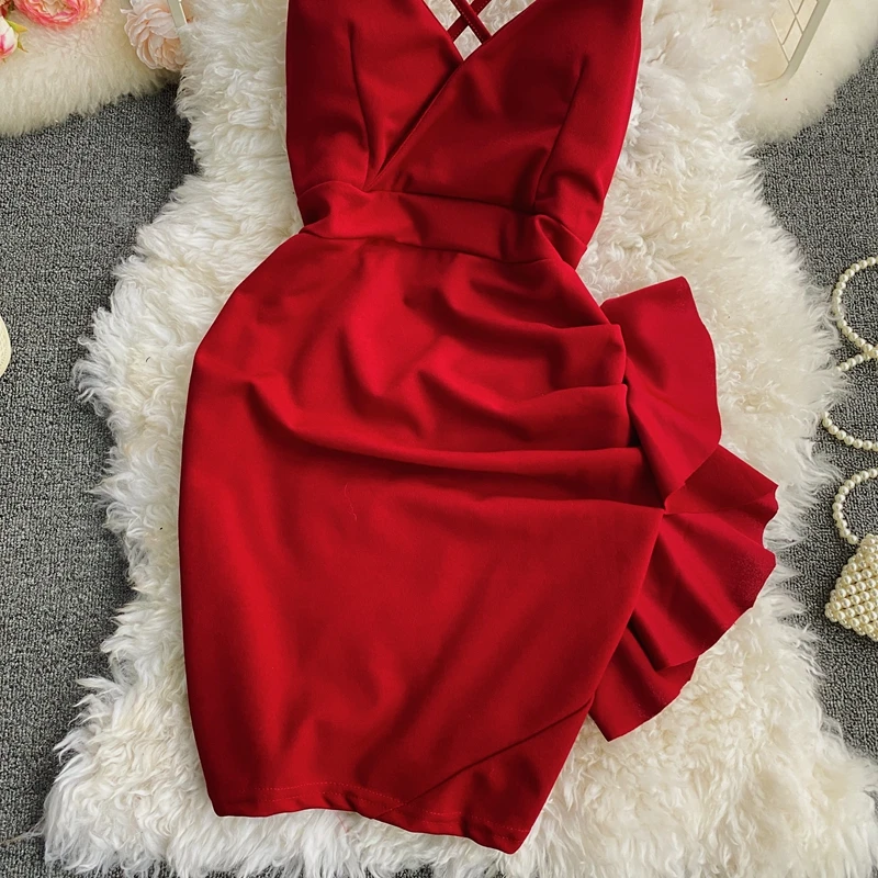 

Women Sexy Bodycon Mini Dress Party Club High Waist V-Neck Open Back Irregular Ruffle Sheath Vestidos Spring Summer 2021 Fashion