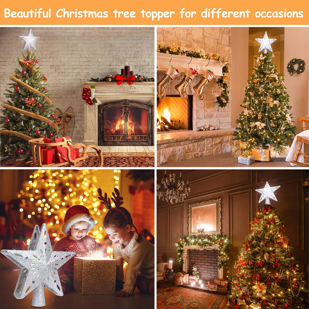 

3D Hollow Gold/Sliver Star Topper Projection Light with Built-in Rotating LED Ball for Christmas Tree Decoration PUO88