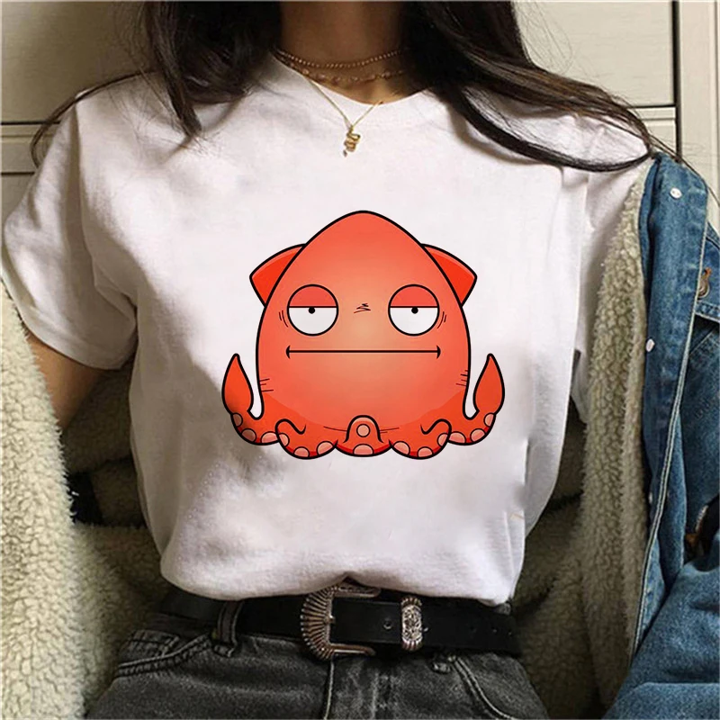 

Funny octopus Cartoon T-Shirt Women Graphic Tee Female T Shirt White Tshirt Summer Tops Round Neck T-shirts Clothes