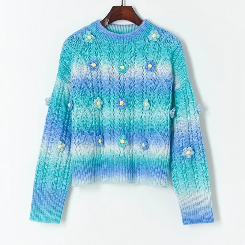 

Elegant Striped Print Sweater Pullovers Women O-Neck Long Sleeve Sweaters Casual Jumper Stereoscopic Flower Warm Outerwear Fall