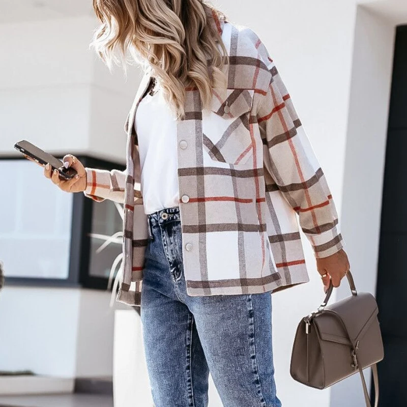 Elegant Fall Winter Women Long Sleeves Lapel Plaid Print Blouses Jackets Casual Buttons Cardigan Fashion Office Lady Party Coats | Женская