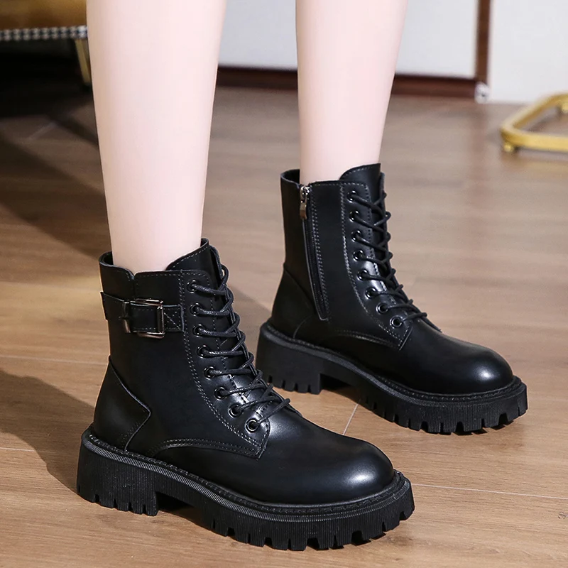 

NAUSK 2021 New Mid Calf Boots Women Autumn Winter Fashion Lace-up Zipper Boots Sports Platform Heel Ladies Shoes