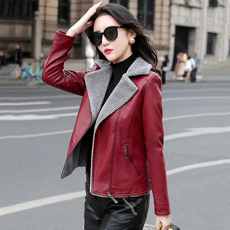 New Double-faced Leather Coat Women Autumn Winter 2022 Fashion Warm Thick Lamb Cashmere Liner Slim Sheep Leather Jacket