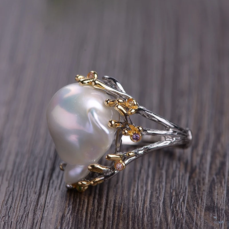 

FNJ Natural Irregular Pearl Rings 925 Silver Adjustable Size Popular S925 Solid Silver Ring for Women Jewelry Fine Big Statement