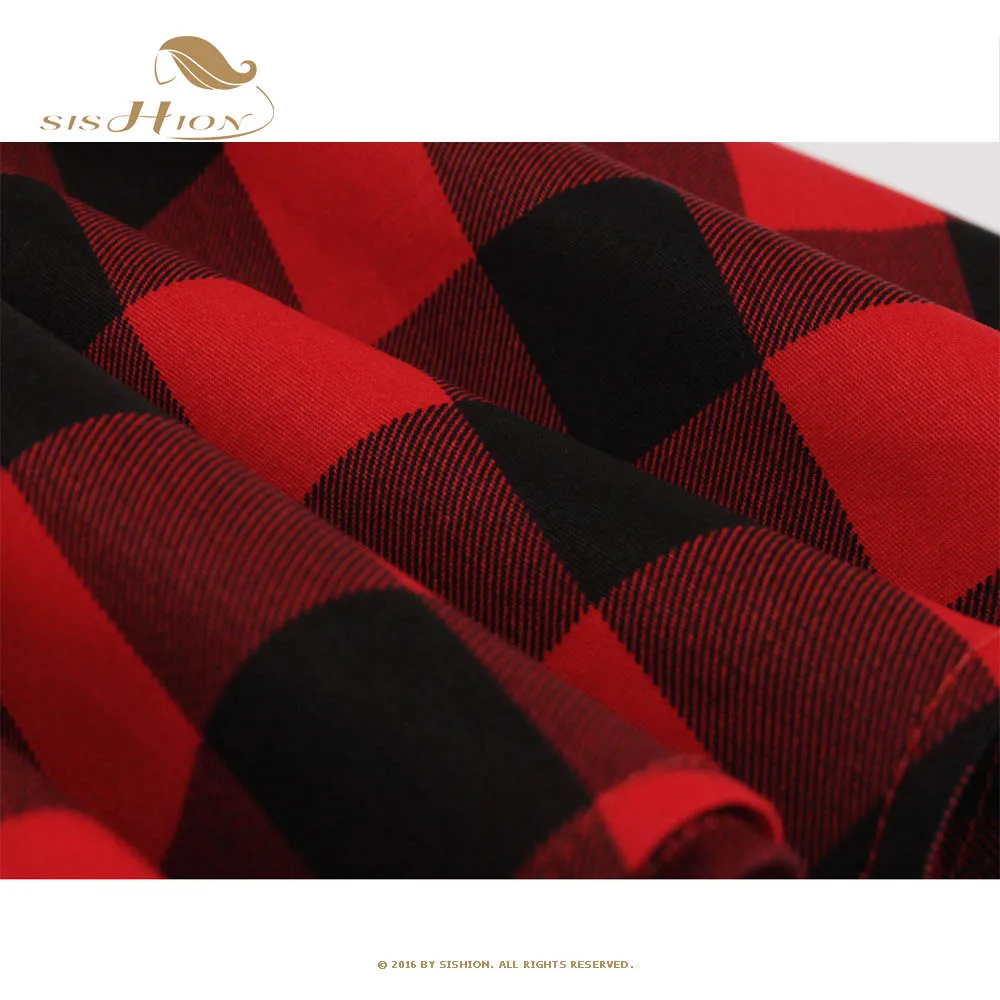 

Retro Women Short Sleeve S-4XL Plus Size Cotton Vintage Plaid Dress SD0002 Checkerboard Black Red Vintage Autumn Dress Robes